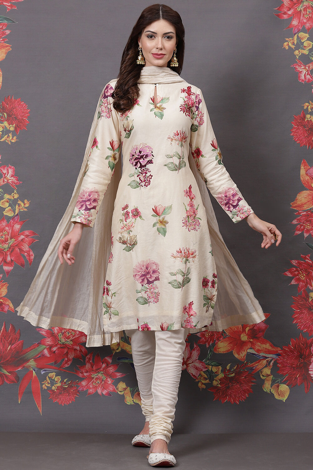 Off White Cotton Silk Straight Printed Suit Set image number 0