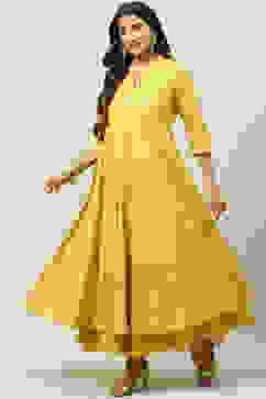 Ochre Cotton Flared Fusion Printed Dress image number 2