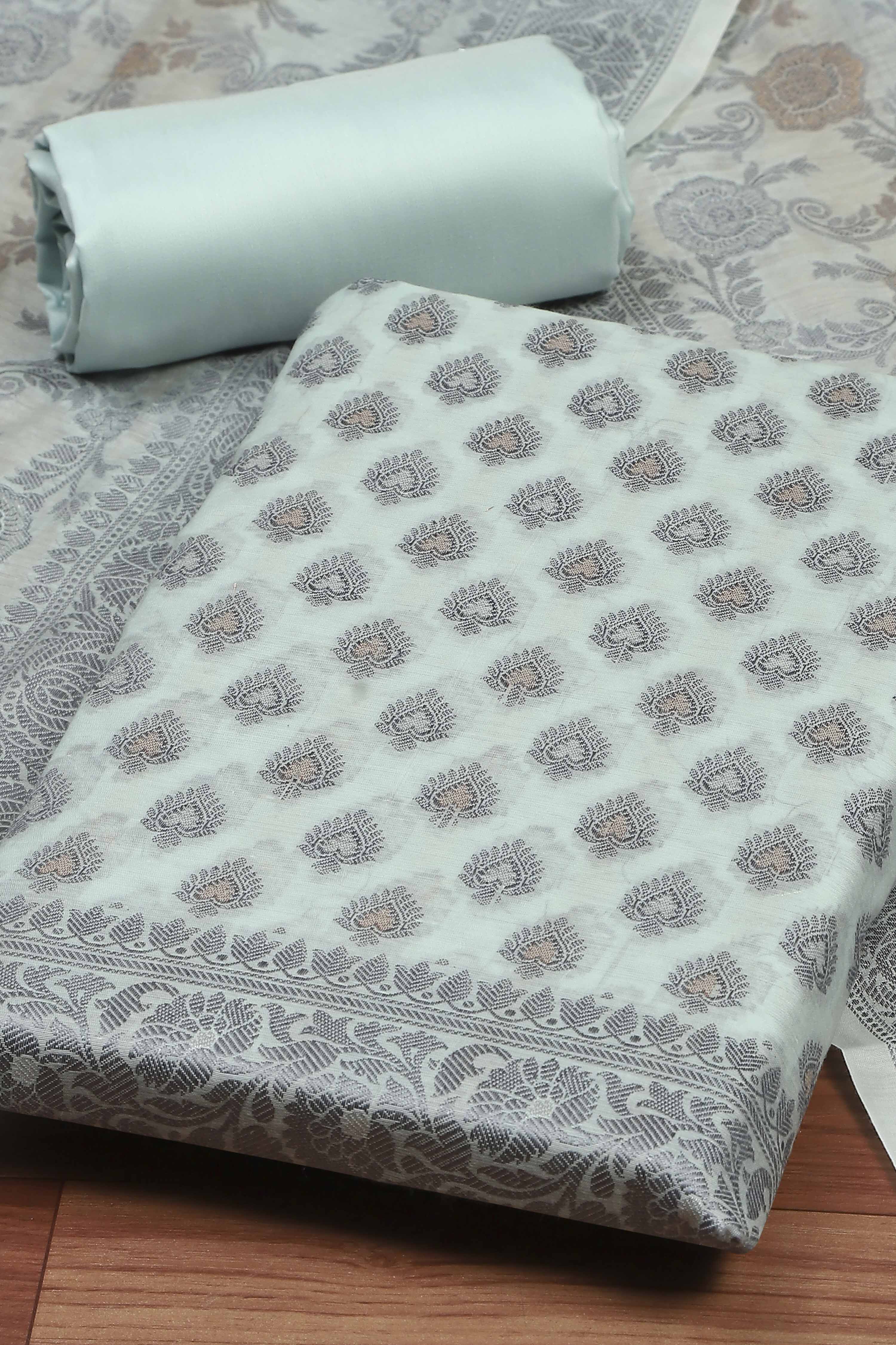 Sage Green Cotton Printed Embroidered Unstitched Suit Set image number 1