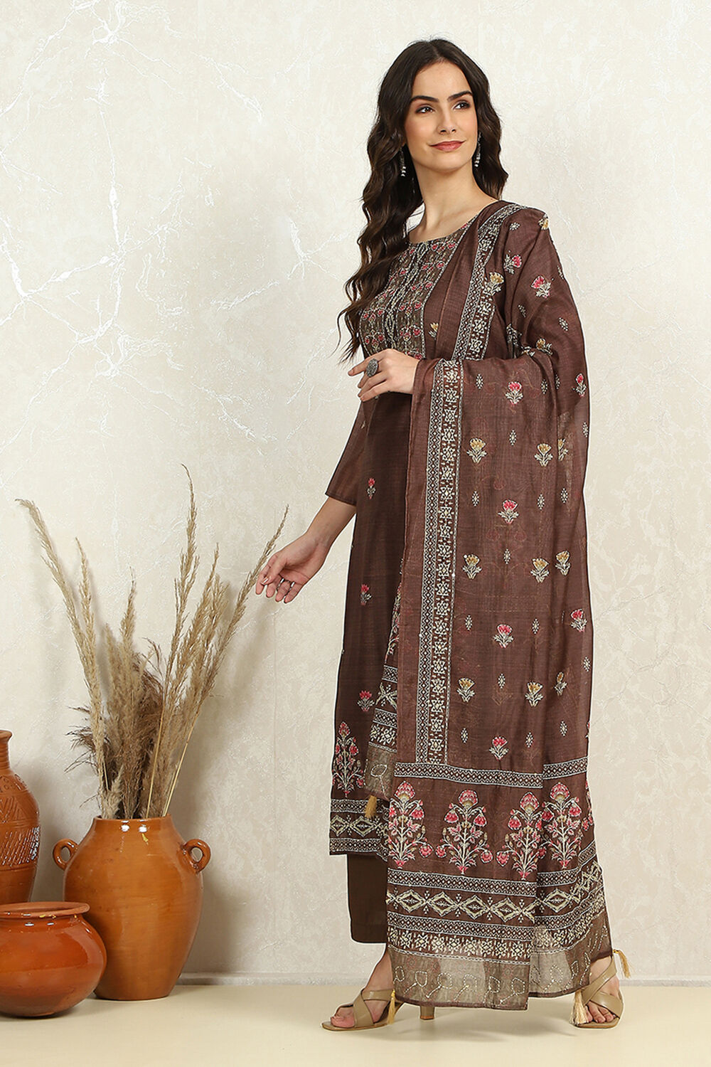 Coffee Brown Chanderi Katha Work Unstitched Suit Set image number 4