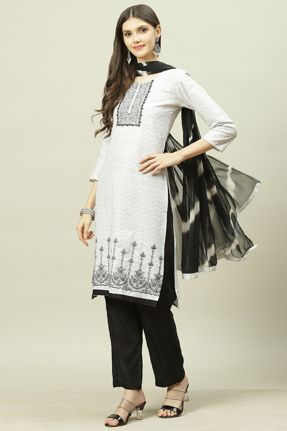 White Cotton Machine Embroidered Unstitched Suit Set image number 7