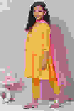 Yellow Cotton Flared Kurta Pant Suit Set image number 3