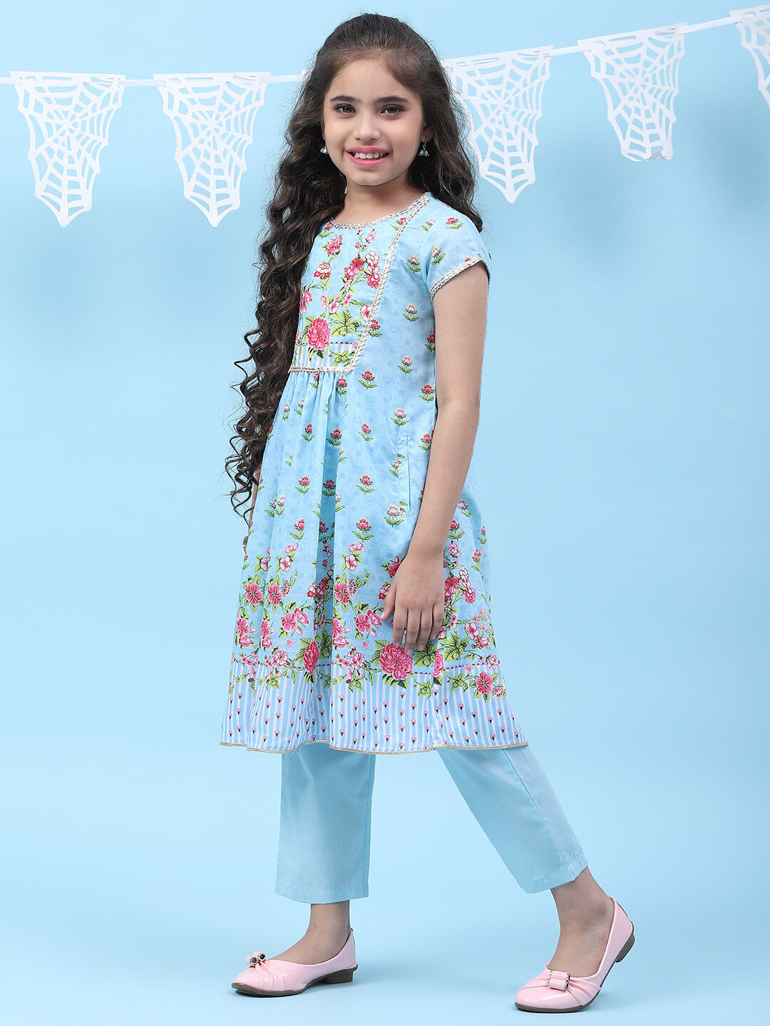 Sky Blue Art Silk Straight Printed Kurta Set image number 0