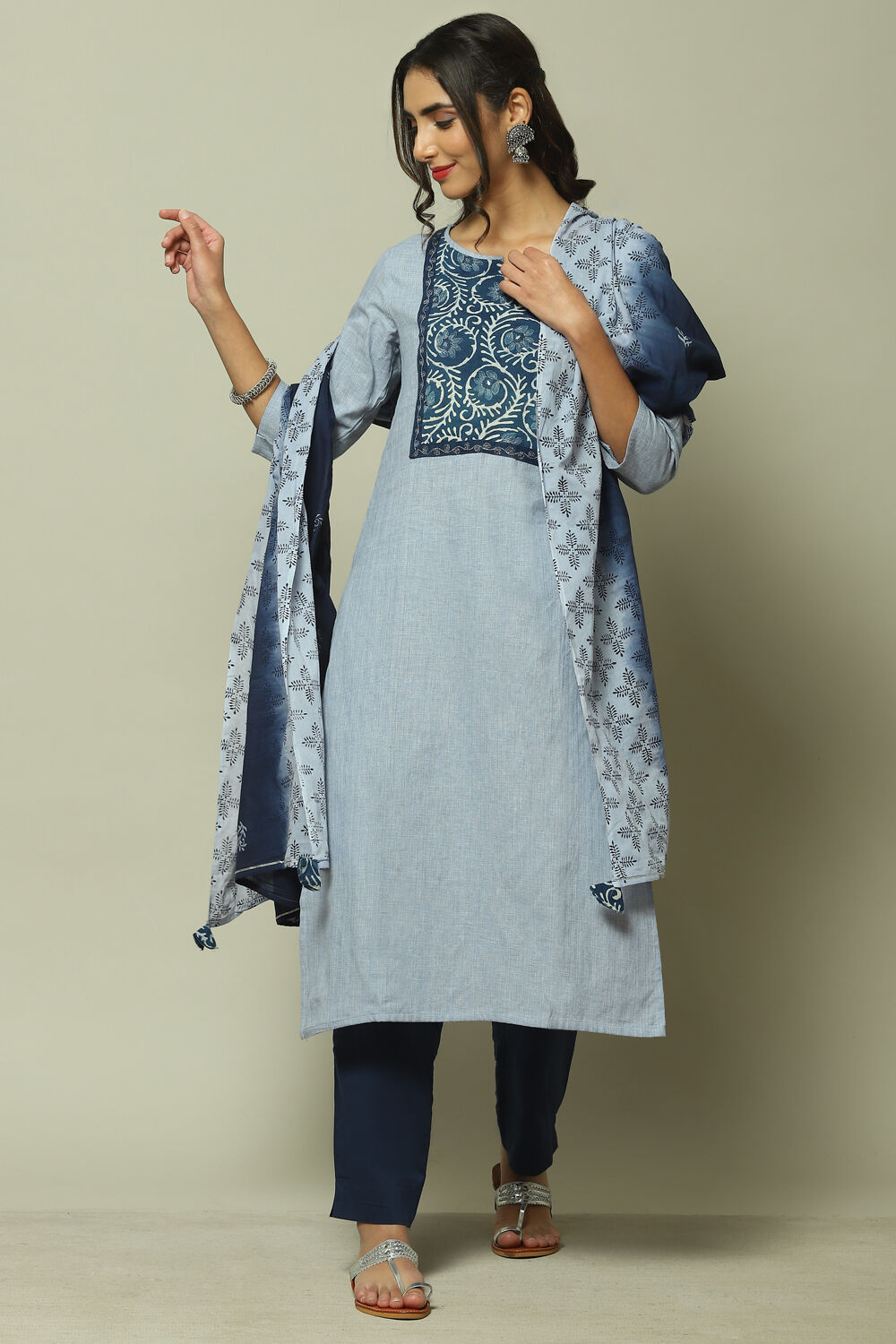 Light Blue Cotton Printed Unstitched Suit Set image number 0