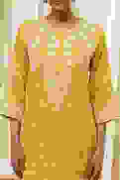 Yellow Cotton Embroidered Straight Kurta Set image number 1