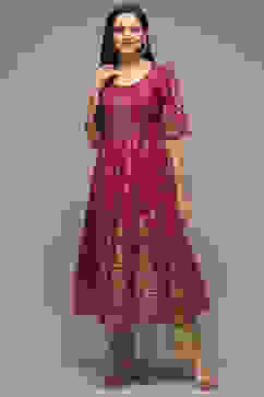 Wine Cotton Flared Printed Kurta image number 5