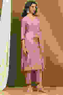 Pink Viscose Blend Yarn Dyed Straight Suit Set image number 5