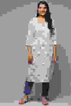 Cream Cotton A-Line Printed Kurta image number 5