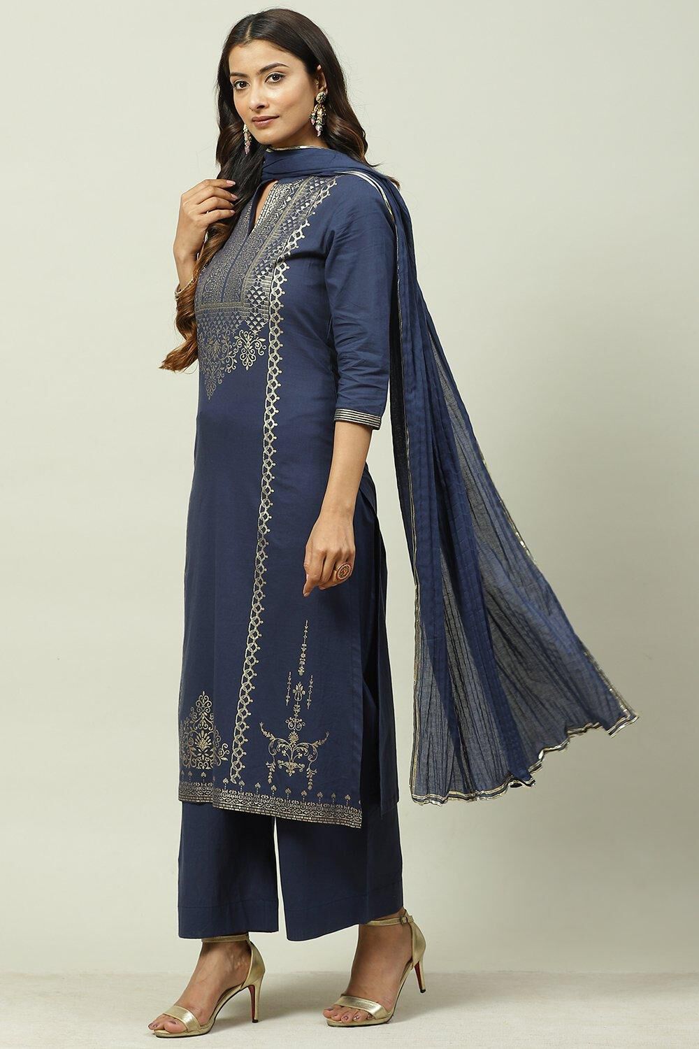 Navy Cotton Straight Kurta Palazzo Suit Set image number 5