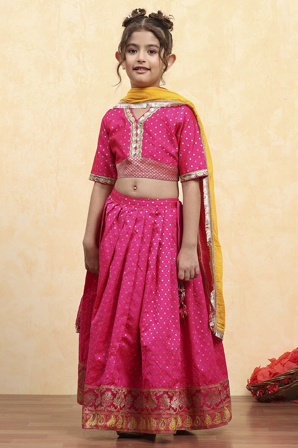 Pink Polyester Yarndyed Fitted Lehenga Set image number 3