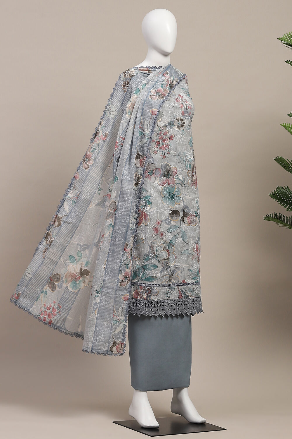 Grey Cotton Printed Unstitched Suit Set image number 4