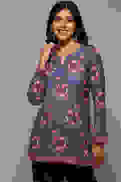 Denim Blue Cotton Blend Printed Kurti image number 5