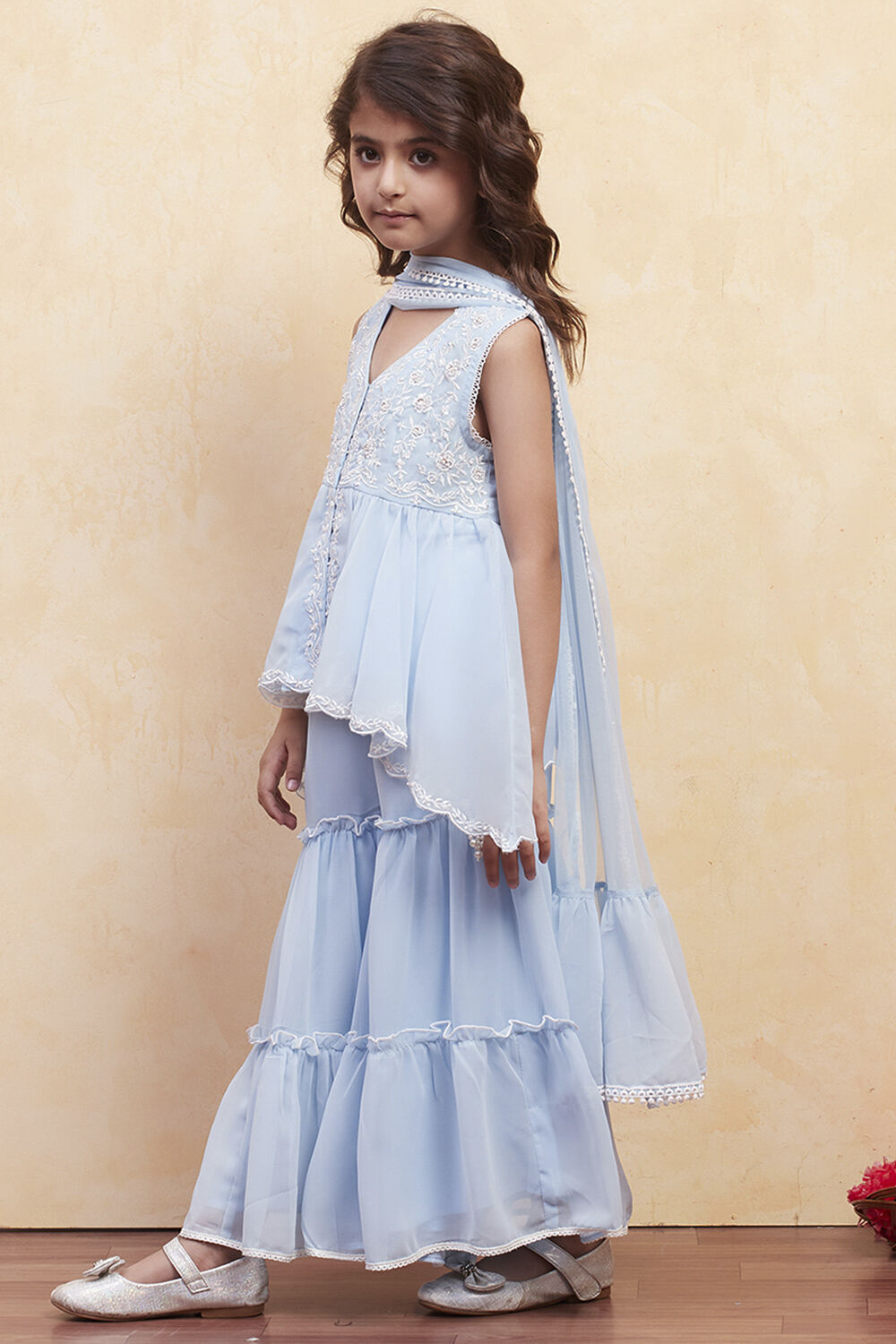 Ice Blue Embroidered Peplum Suit Set image number 3