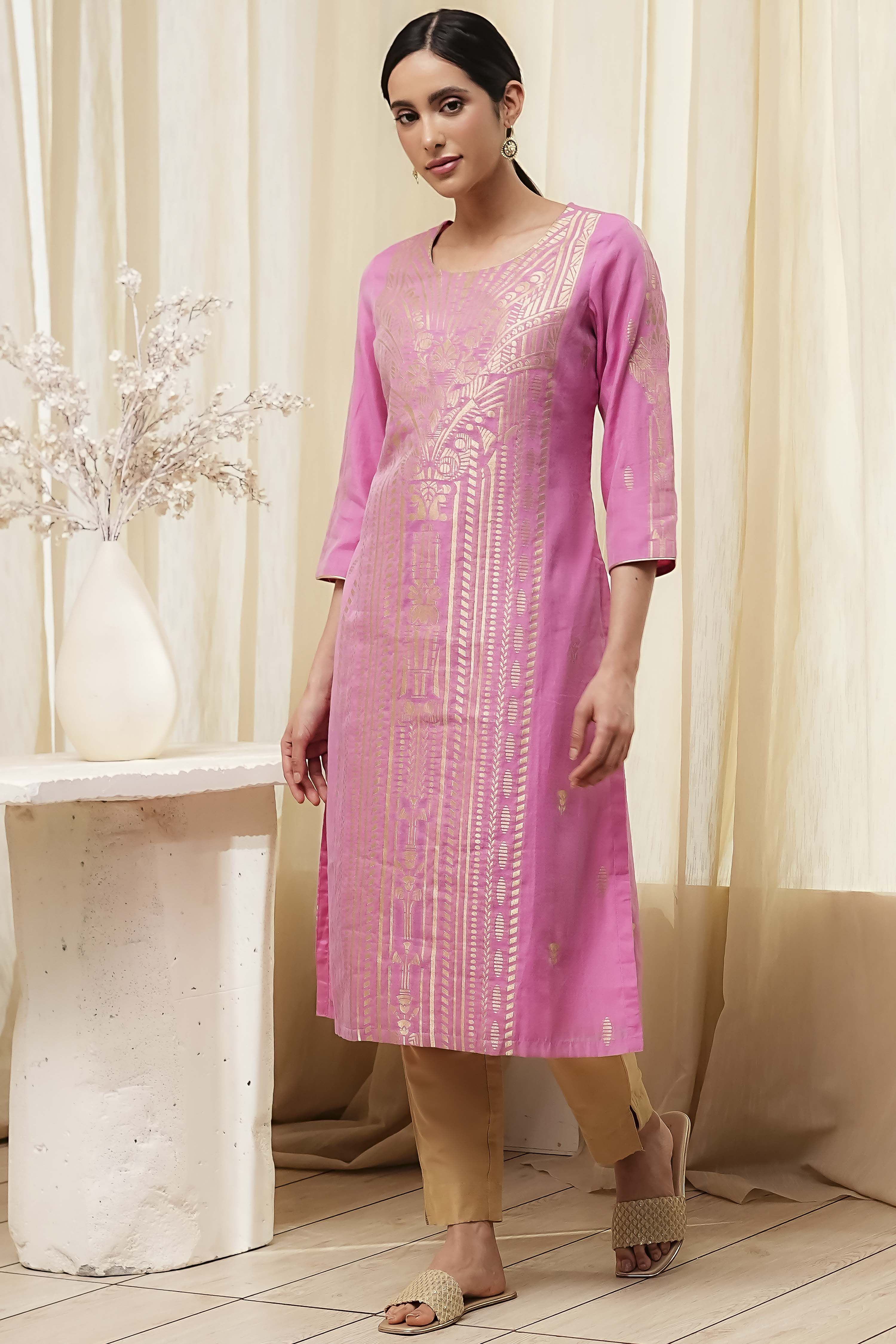 Pink Poly Cotton Straight Yarndyed Kurta image number 5