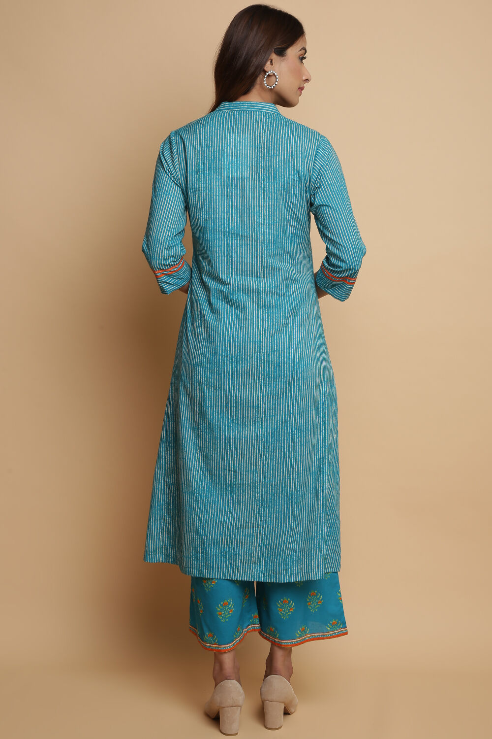 Turquoise Cotton A-Line Kurta Palazzo Suit Set image number 6