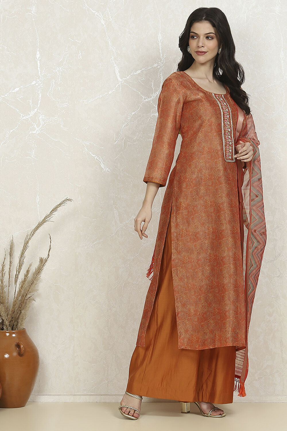Orange Cotton Printed Embroidered Unstitched Suit Set image number 6