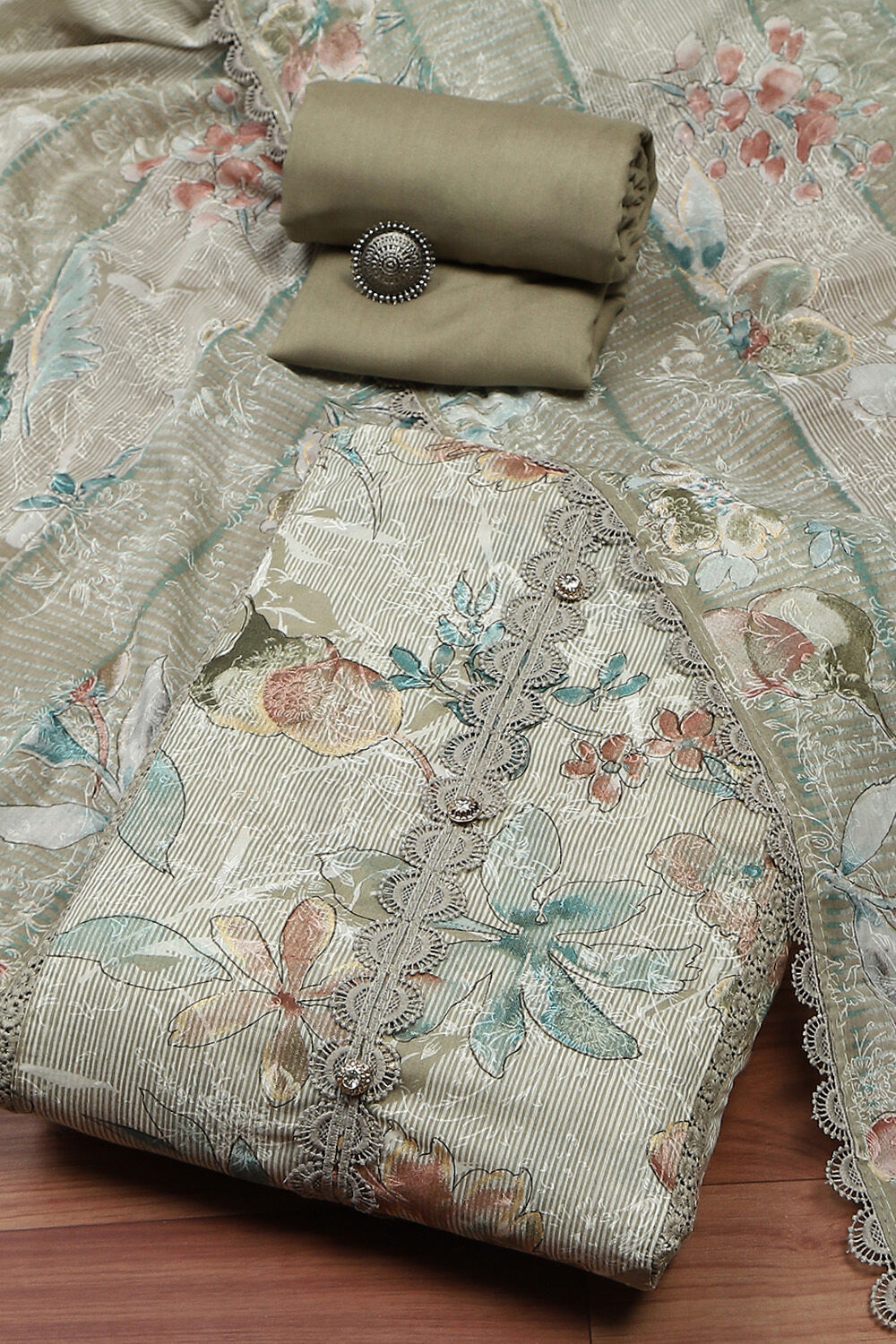 Brown Cotton Printed Unstitched Suit Set image number 0