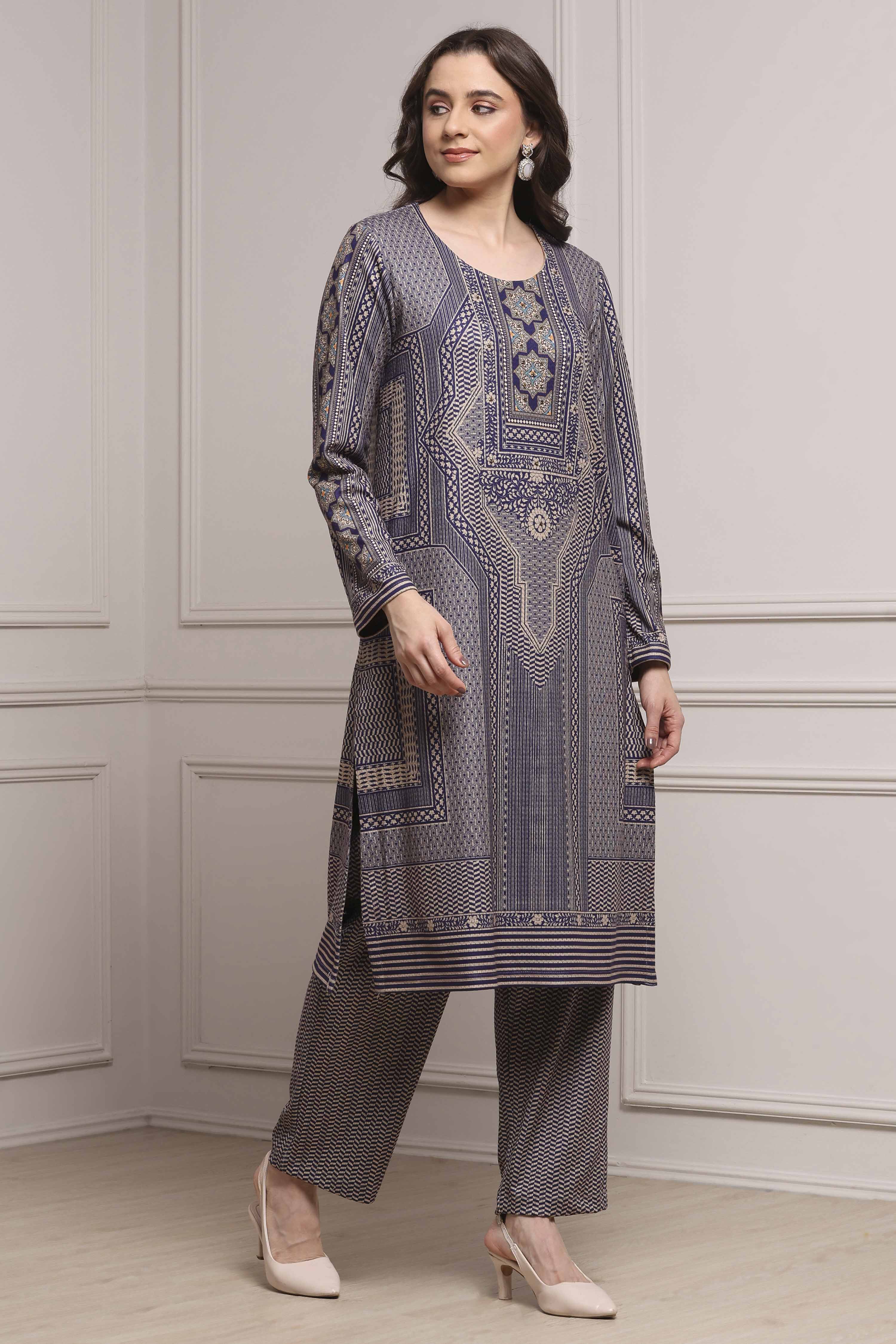Blue Polyester Straight Printed Kurta Set image number 5