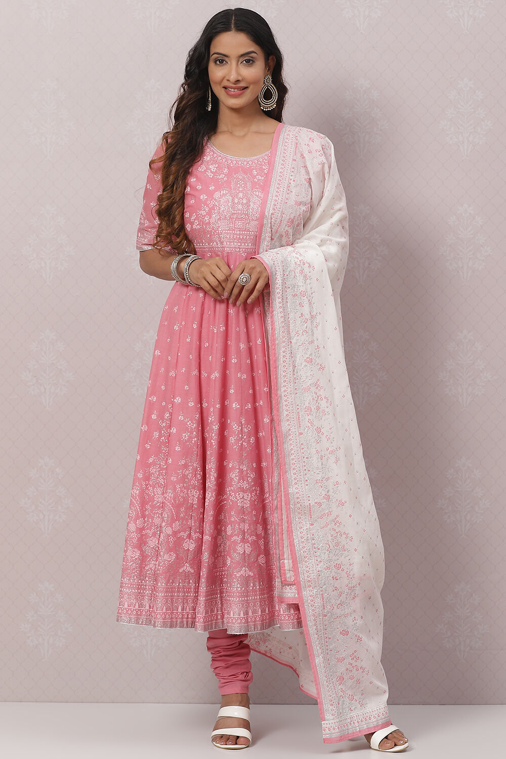 Turquoise Cotton Anarkali Kurta Churidar Suit Set image number 0