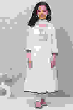 Off White Cotton Tiered Kurta Churidar Suit Set image number 0