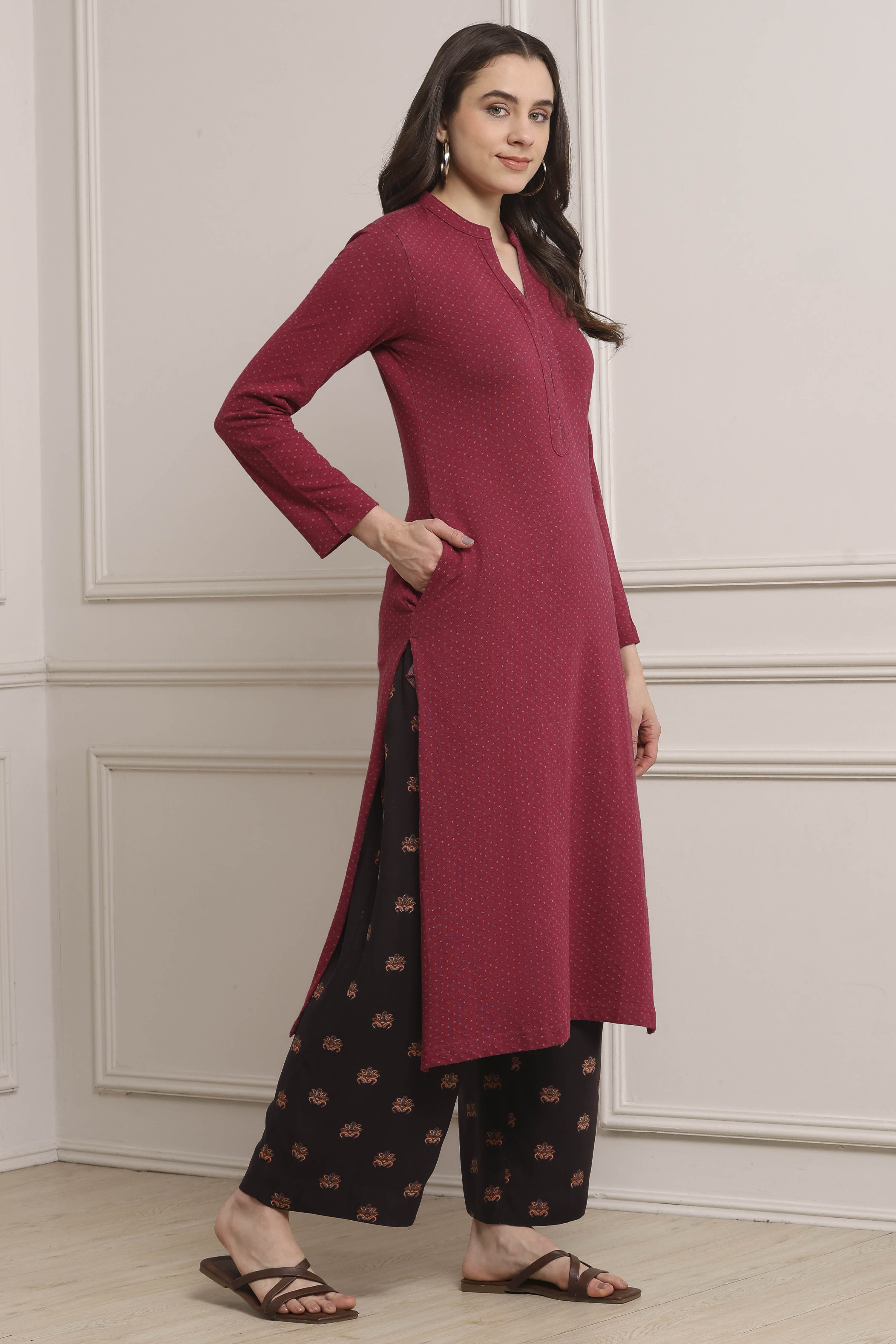 Berry Cotton Straight Kurta Pants Set image number 5