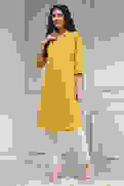 Yellow Cotton Ikat Straight Kurta image number 5