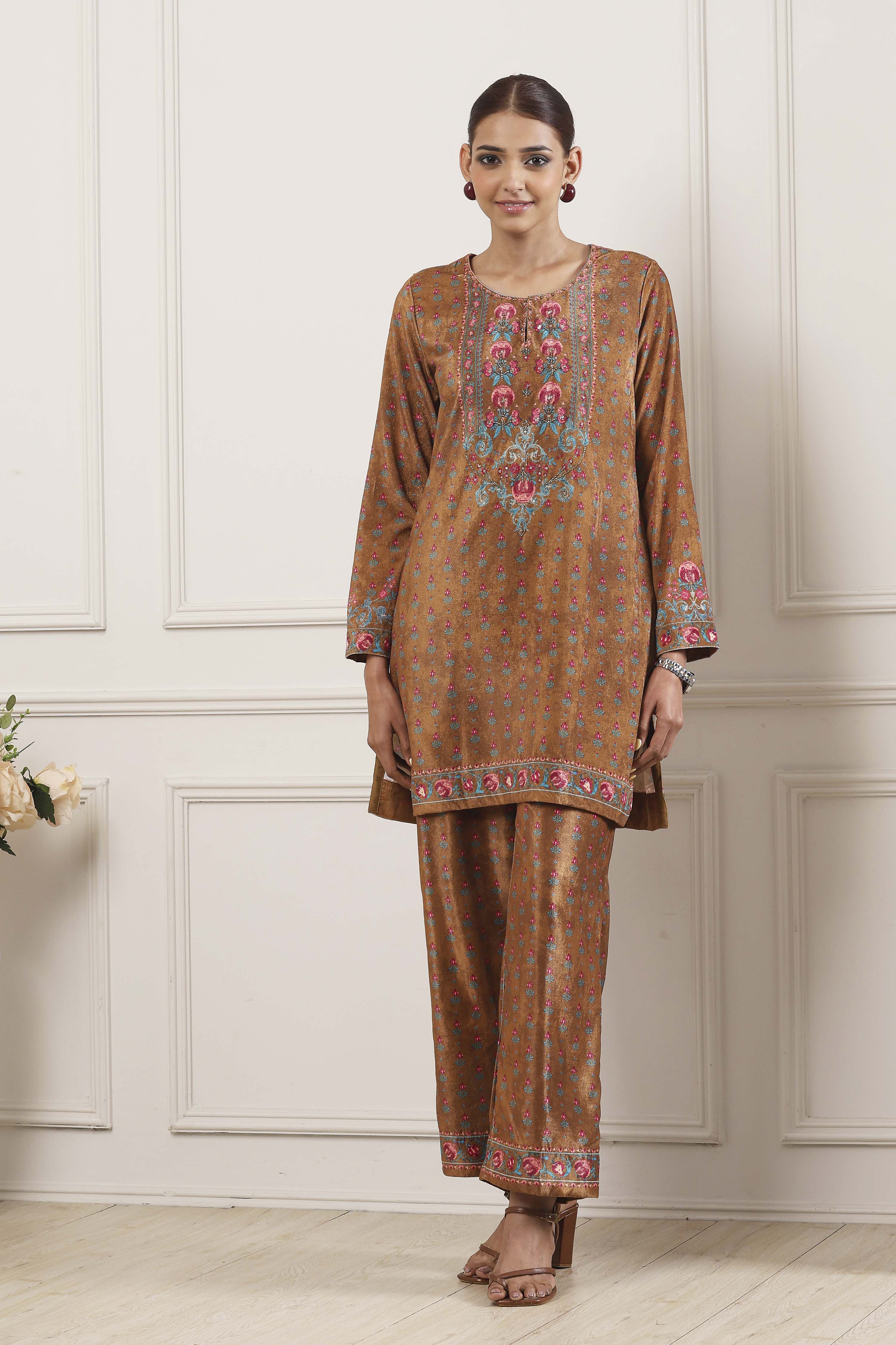 Ochre Yellow Polyester Printed Kurta Pants Set image number 6