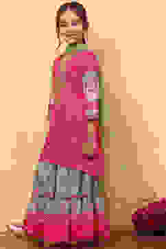 Pink Cotton Floral Printed Asymmetric Suit Set image number 5