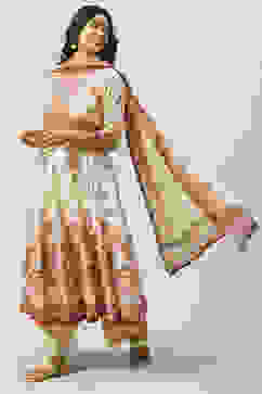 Beige Cotton Blend Anarkali Kurta Palazzo Suit Set image number 5