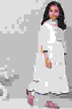 Off White Cotton Tiered Kurta Churidar Suit Set image number 6