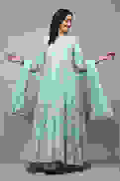 Aqua Blue Cotton Anarkali Kurta Lehenga Set image number 7