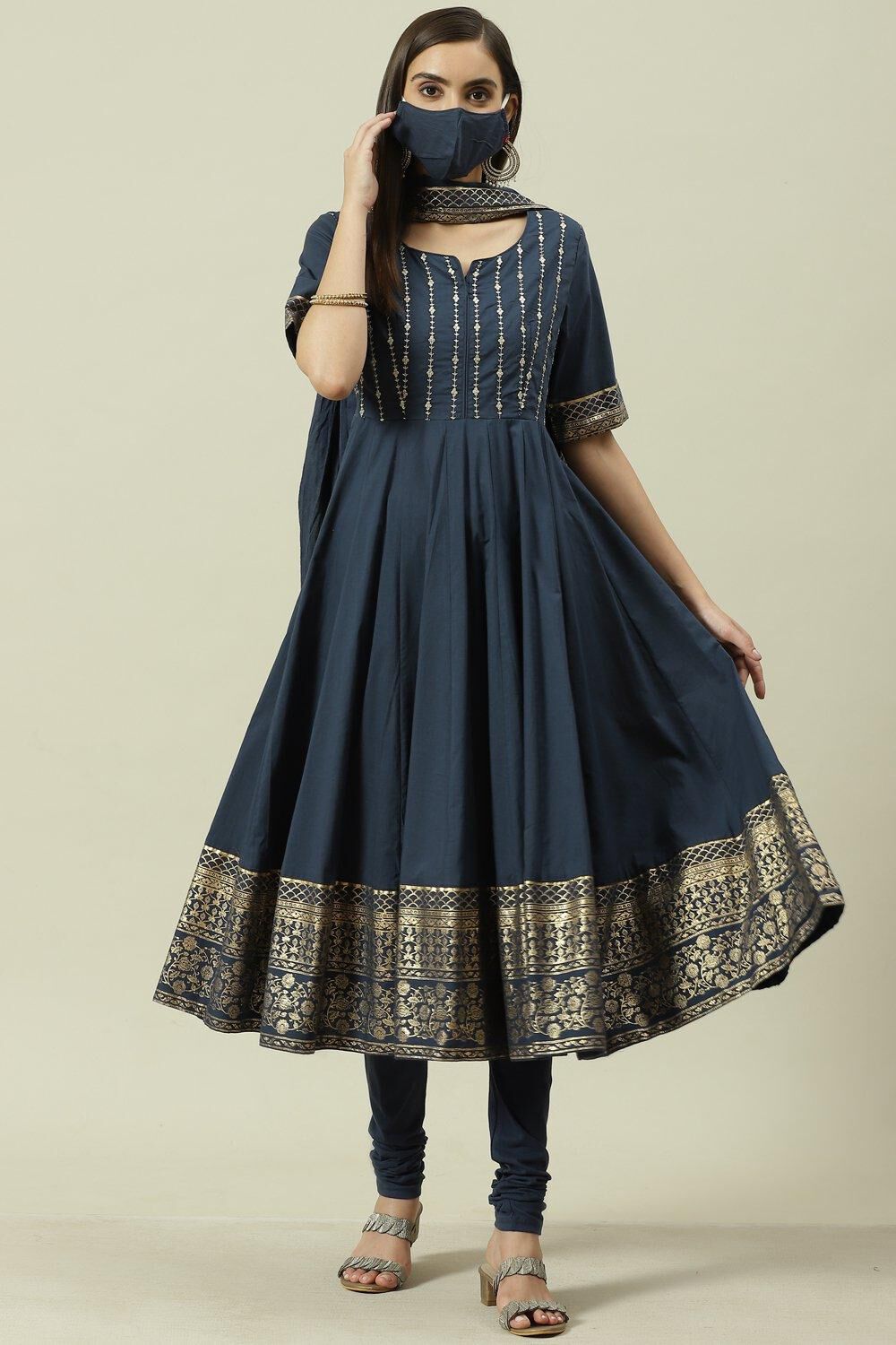 Navy Blue Embroidred Cotton Anarkali Suit Set image number 7