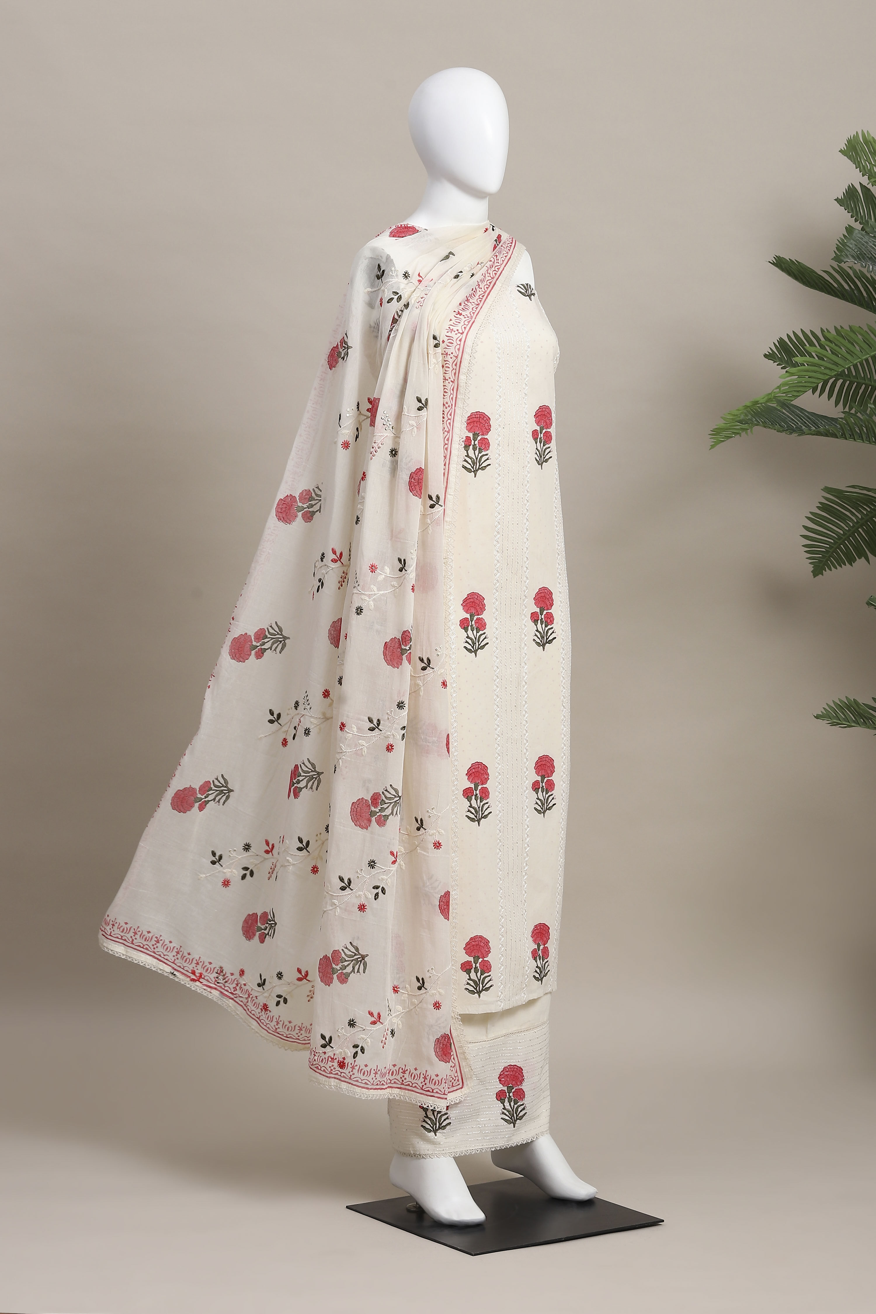 White Cotton Printed Embroidered Unstitched Suit Set image number 4