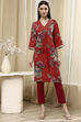 Coral Red Floral Printed Straight Kurta image number 5