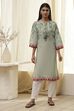 Beige and Blue Cotton Floral Straight Kurta image number 5