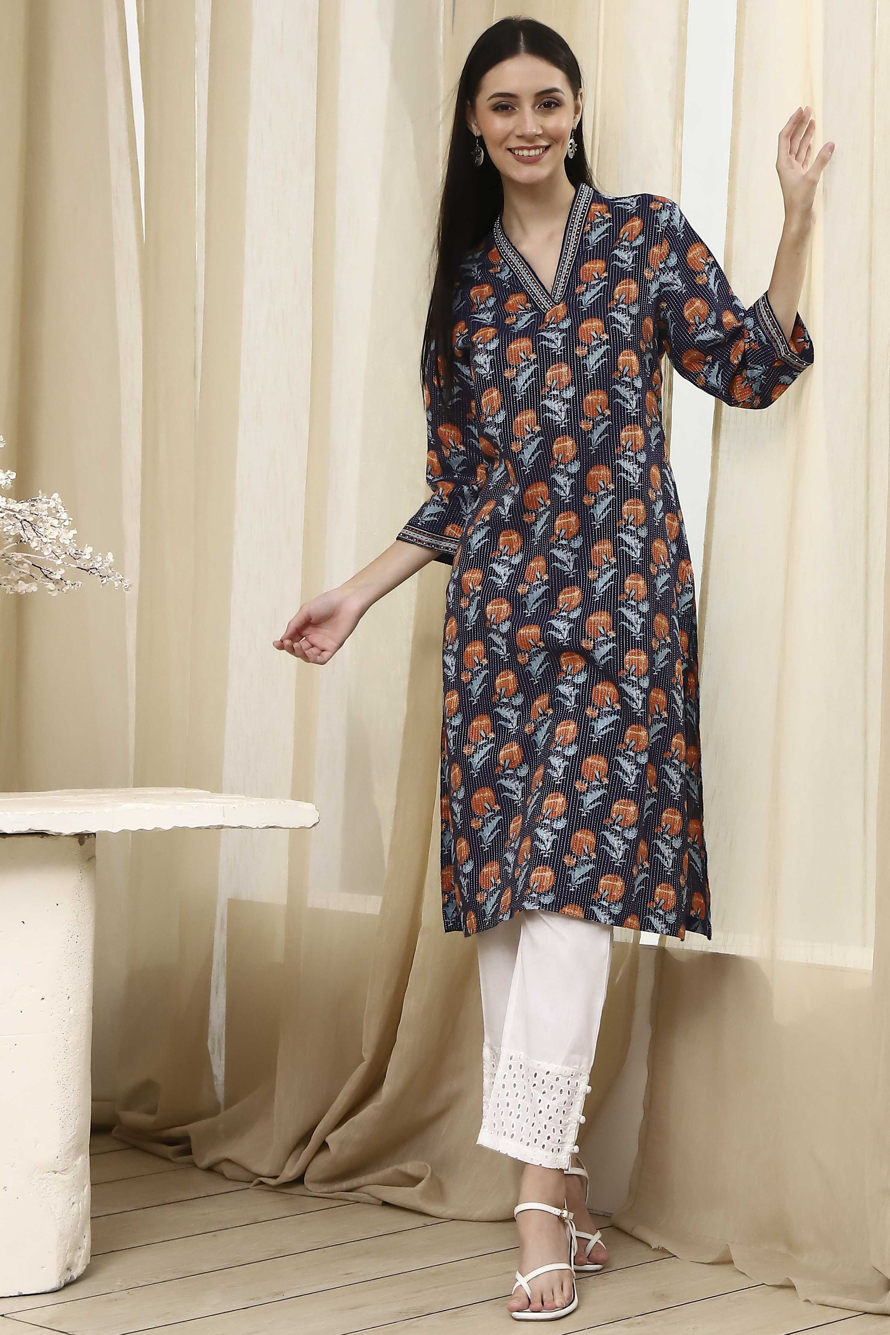Teal Cotton Printed Straight Kurta image number 0