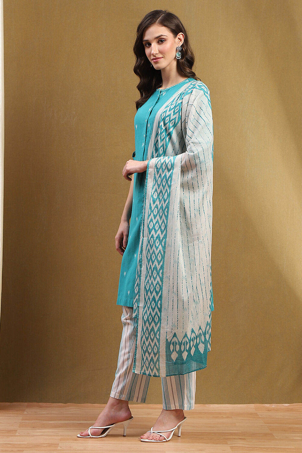 Orange Cotton Printed Straight Suit Set image number 3