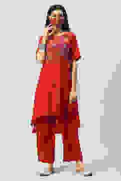 Red Printed LIVA Asymmetric Kurta Palazzo Suit Set image number 3
