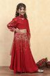 Red Viscose Rayon Printed Kalidar Lehenga Set image number 5