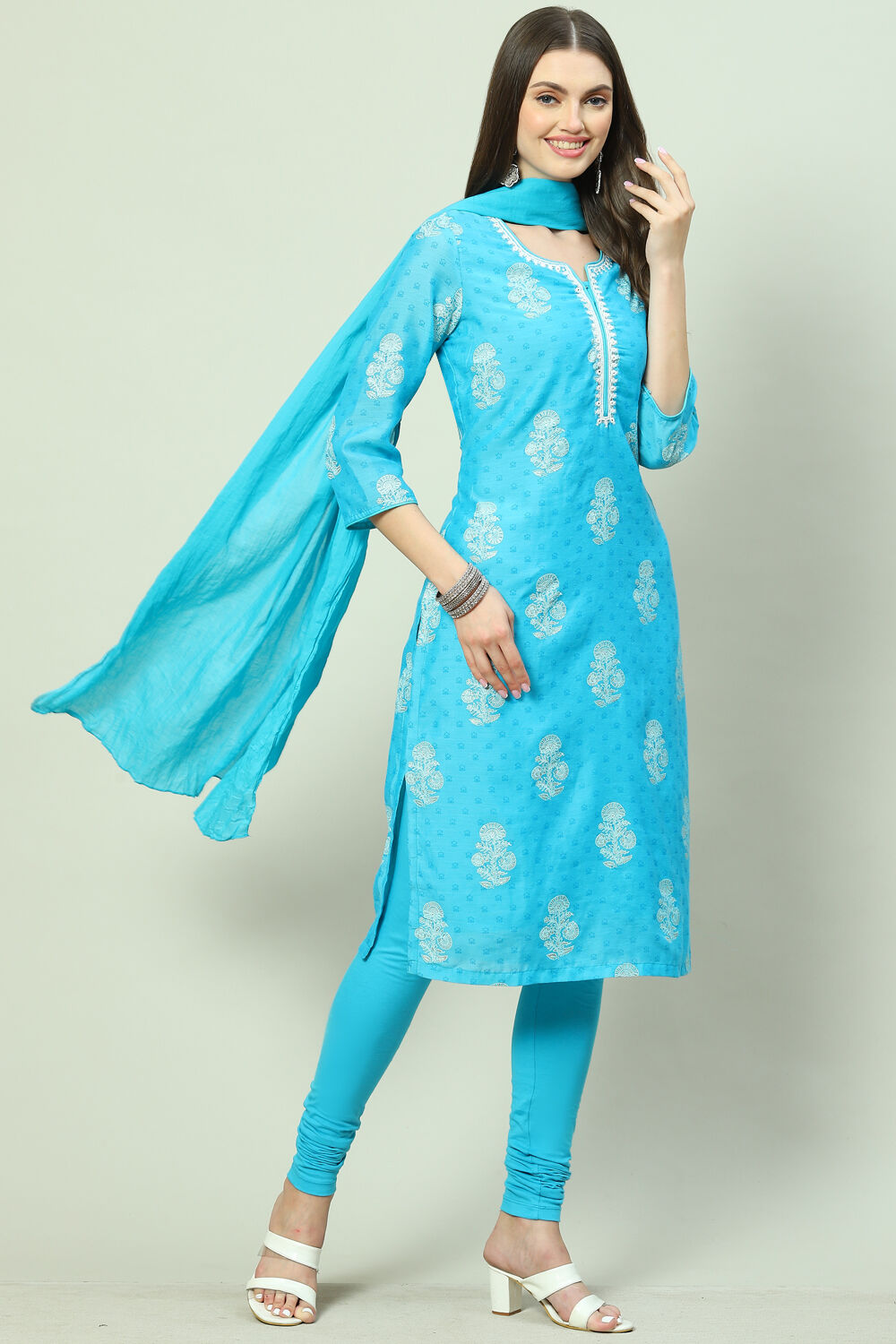 Blue Straight Kurta Churidar Suit Set image number 0