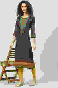 Navy LIVA Straight Printed Kurta image number 5