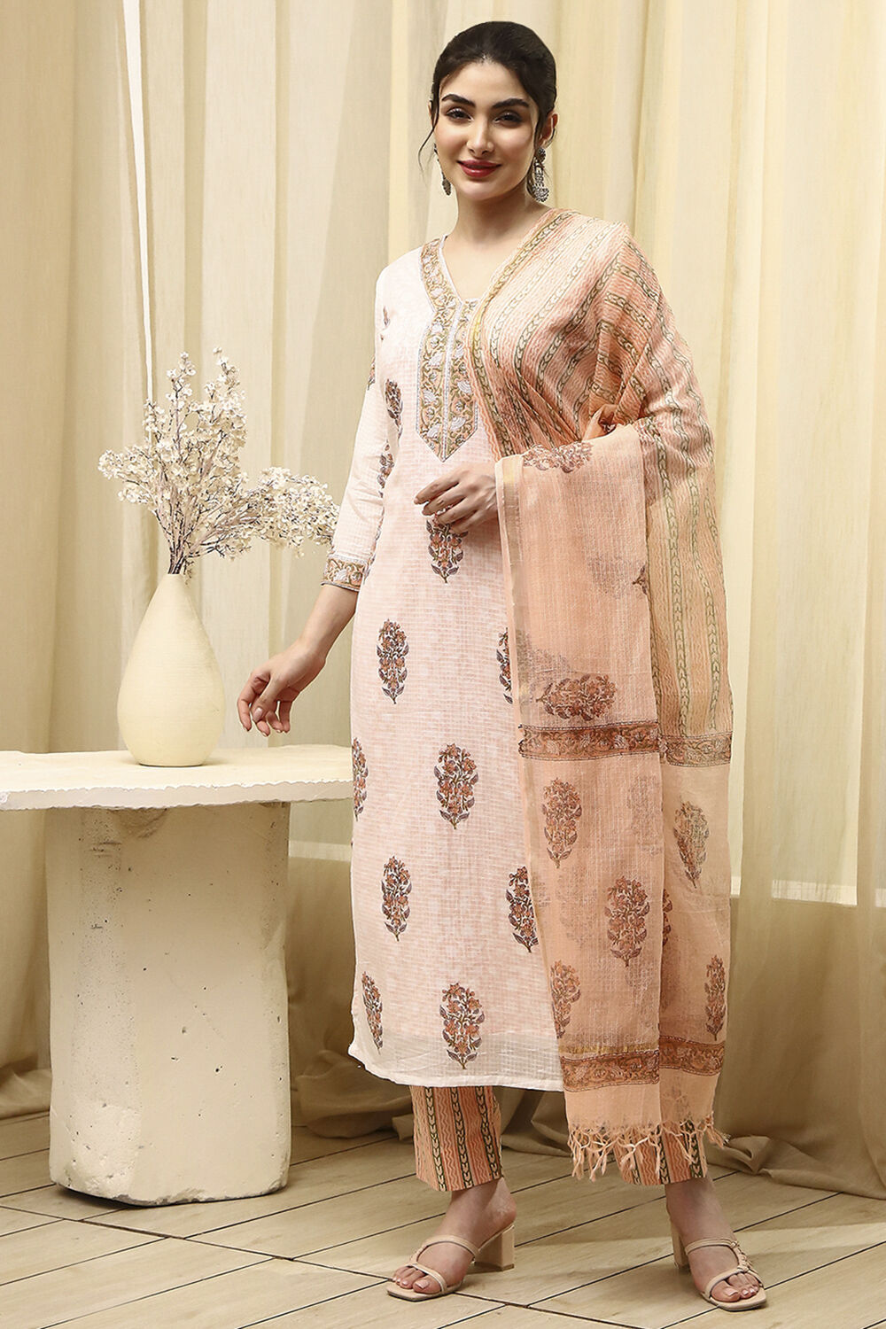 Blue Cotton Hand Block Print Unstitched Suit Set image number 7