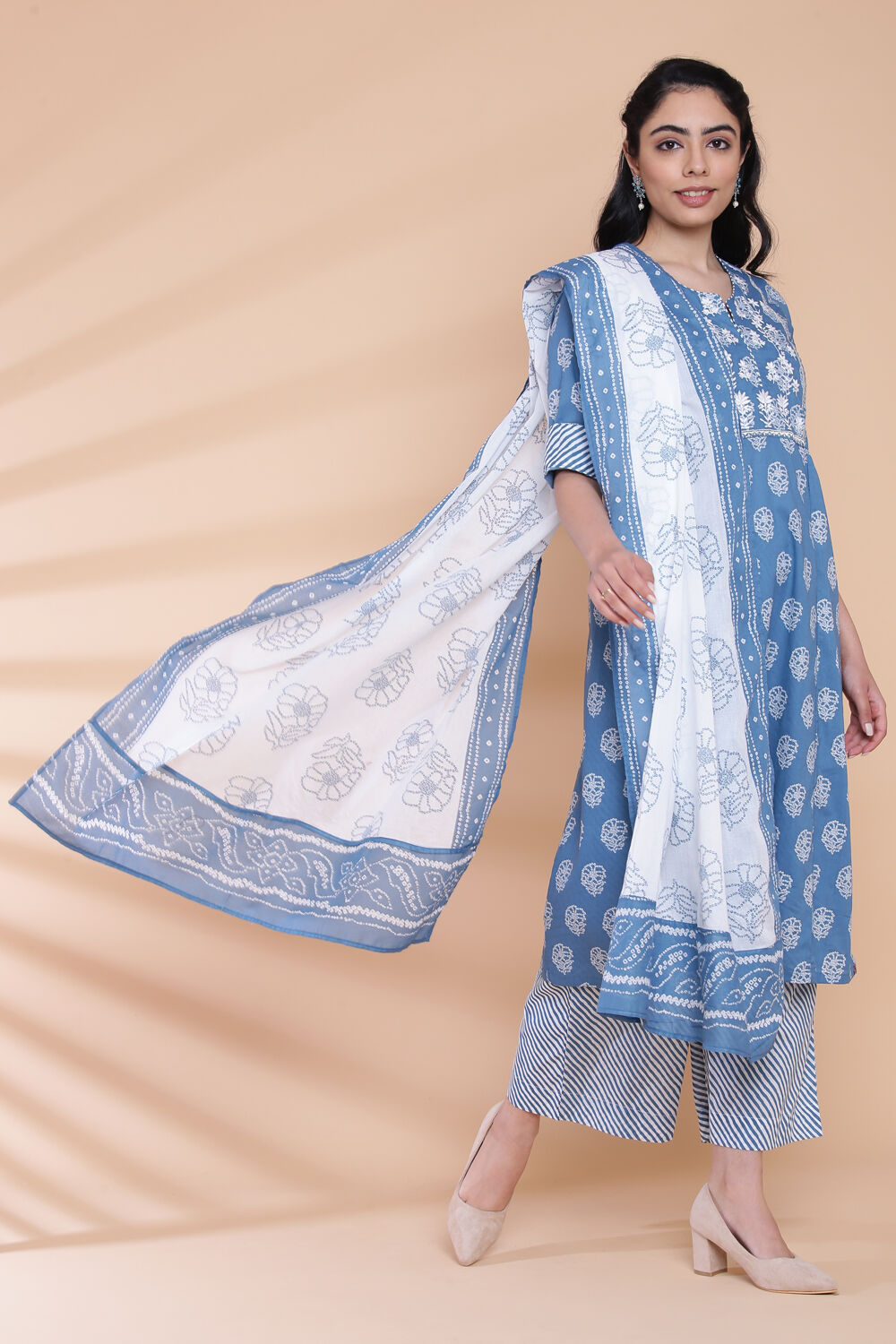 Blue Cotton Kalidar Kurta Palazzo Suit Set image number 7