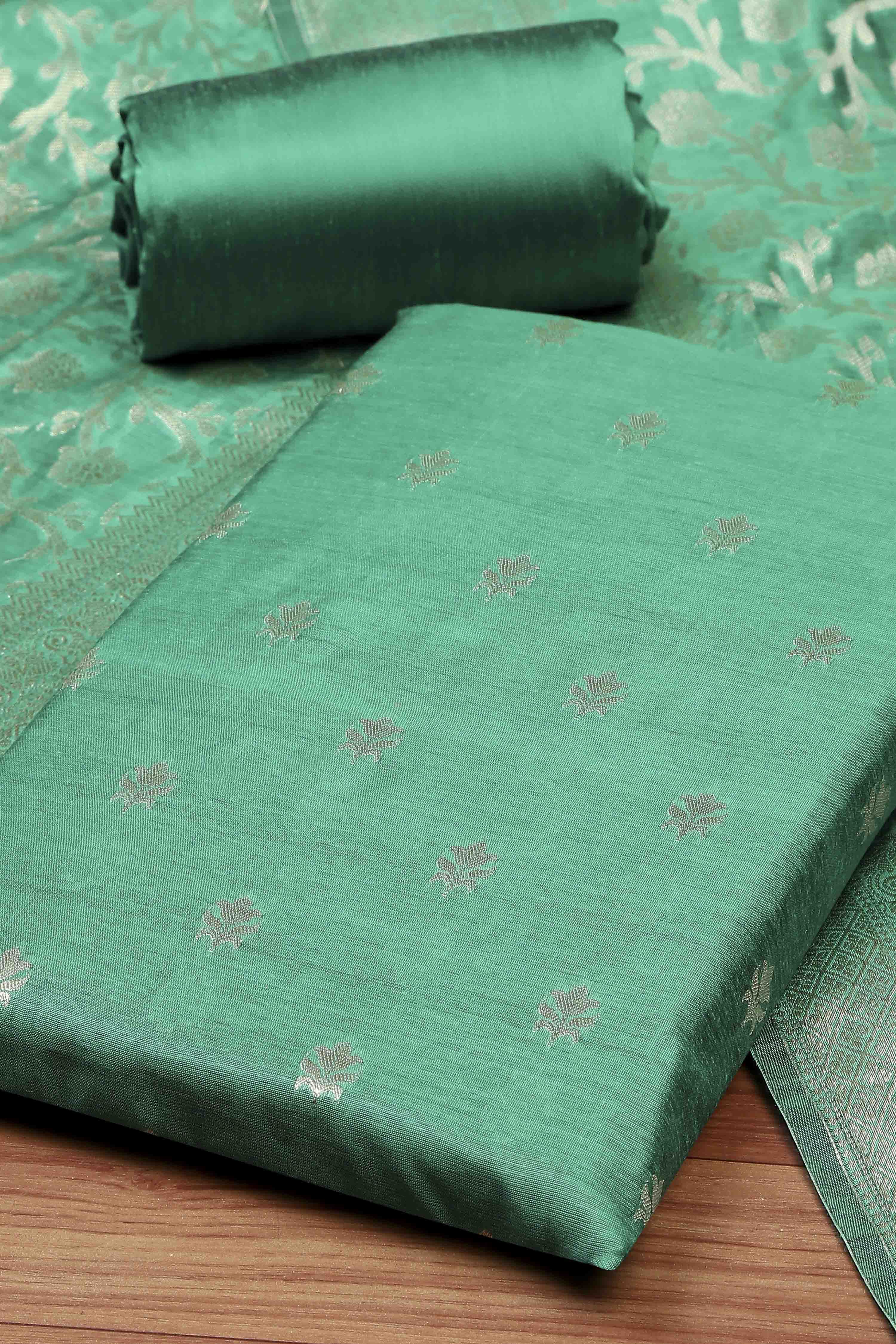 Green Cotton Printed Embroidered Unstitched Suit Set image number 1