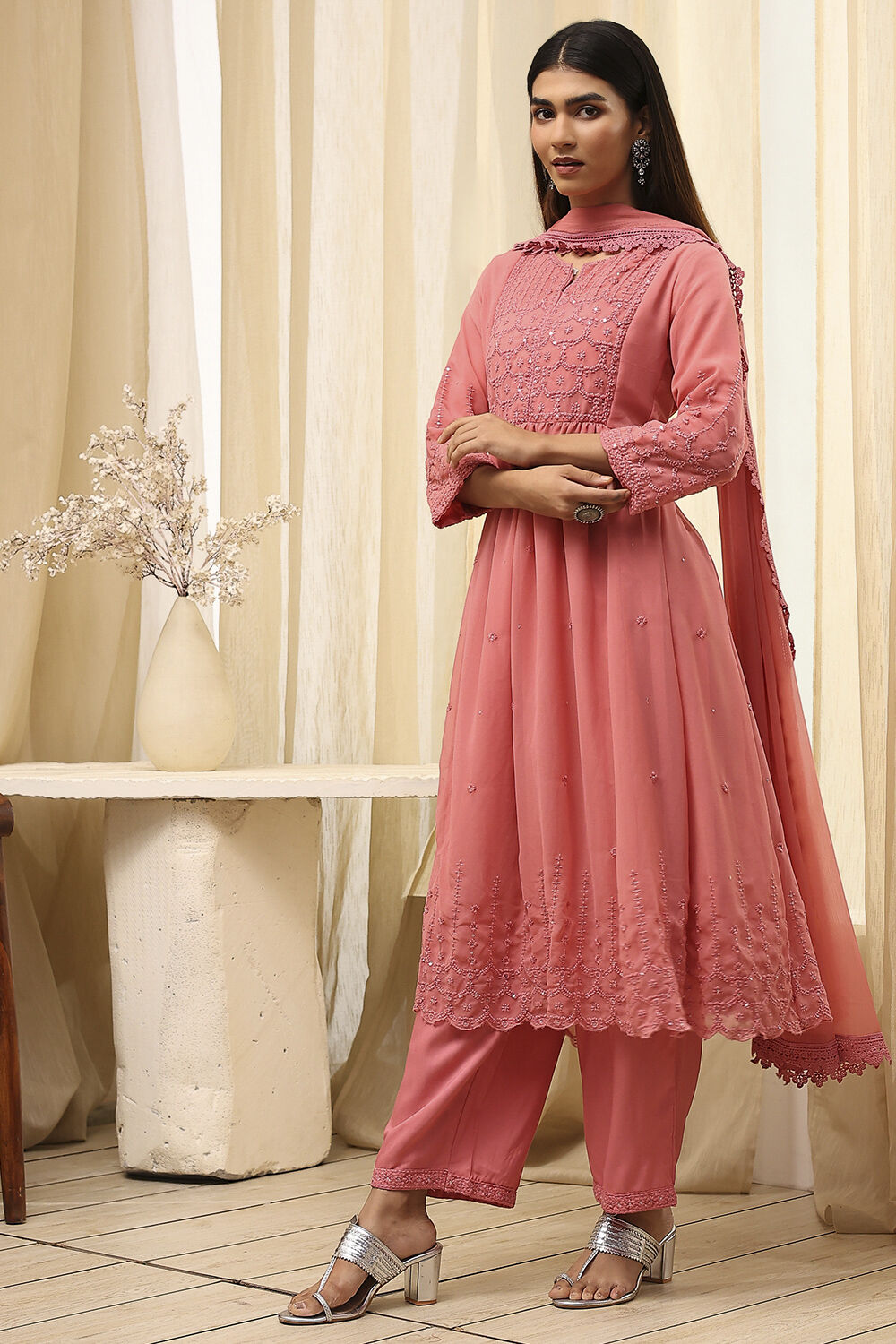 Pink Embroidered Flared Suit Set image number 3