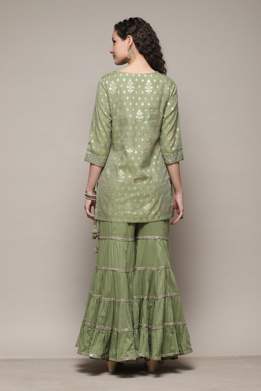 Sap Green Cotton Blend Straight Kurta Garara Suit Set image number 4