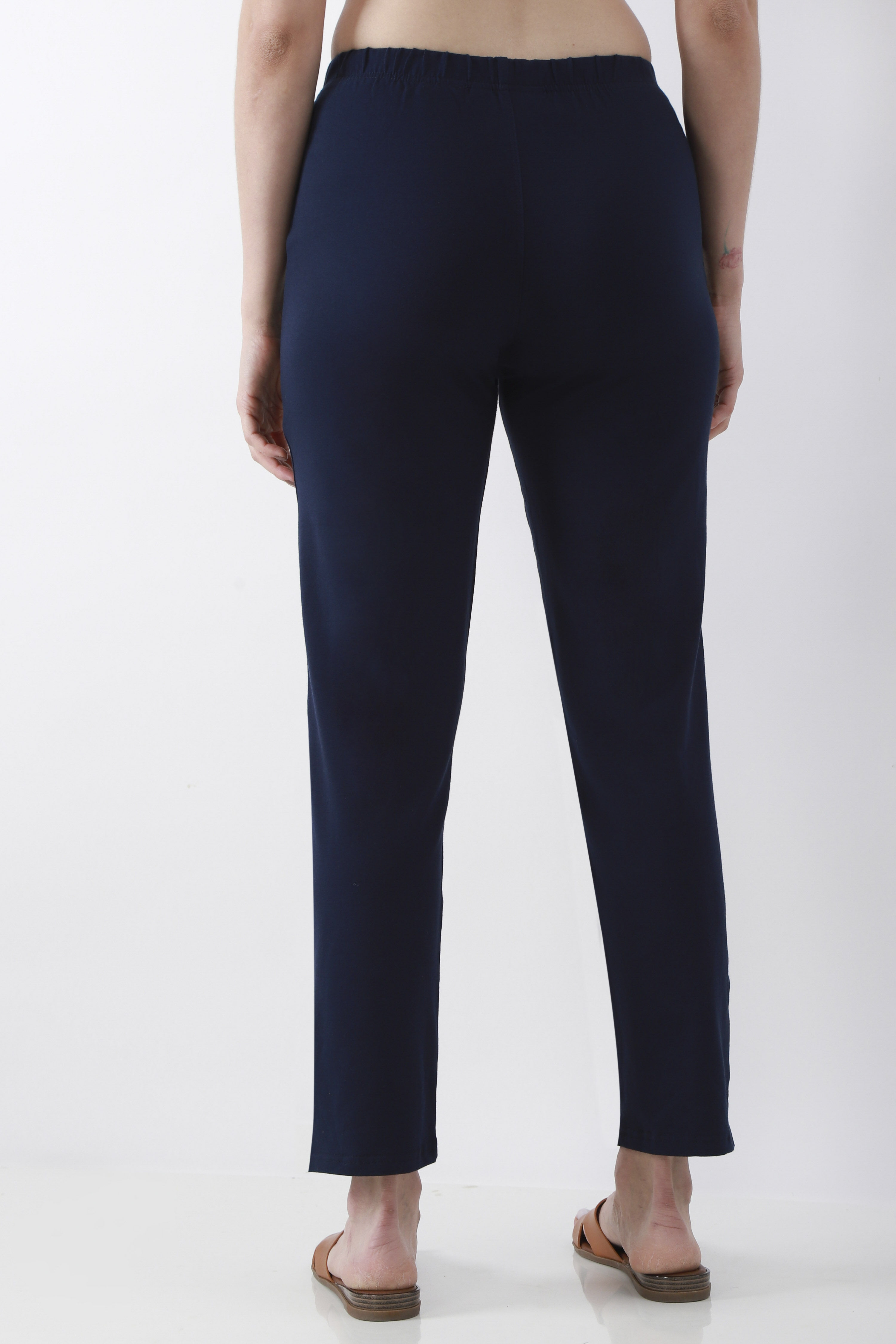 Navy Blue Solid Cotton Lycra Straight Pants image number 5