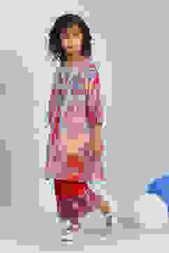 Pink and Blue Cotton Printed A-Line Kurta Set image number 3