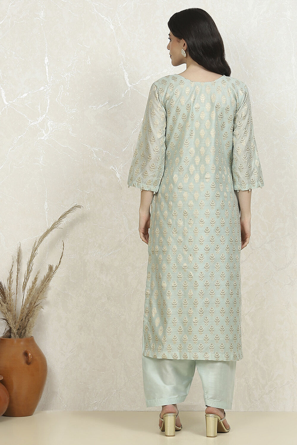Blue Cotton Printed Embroidered Unstitched Suit Set image number 5