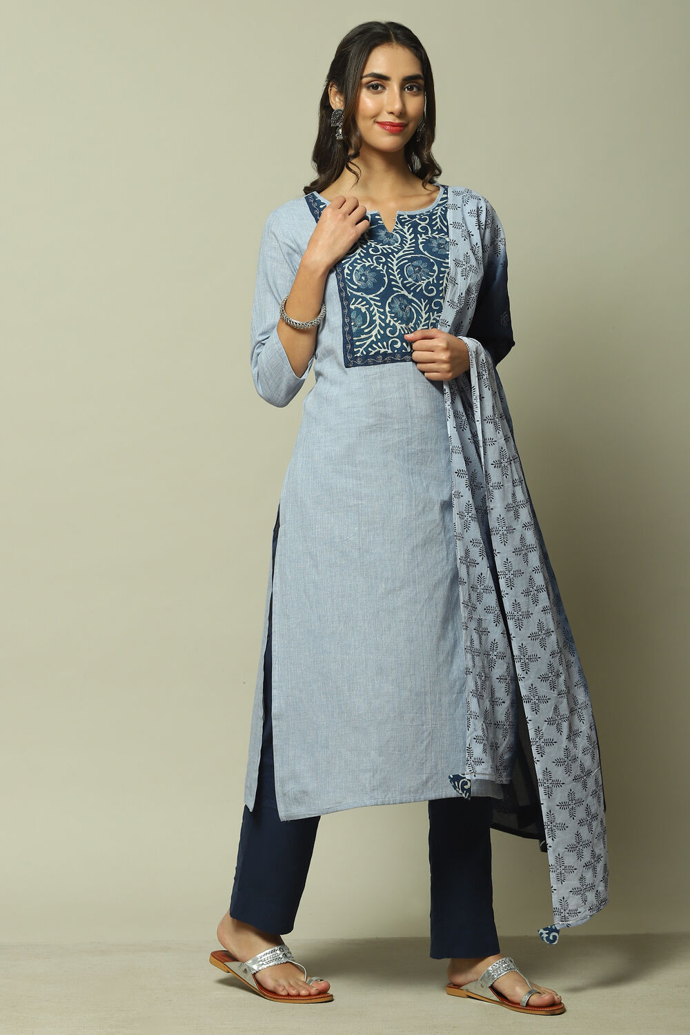 Light Blue Cotton Printed Unstitched Suit Set image number 6